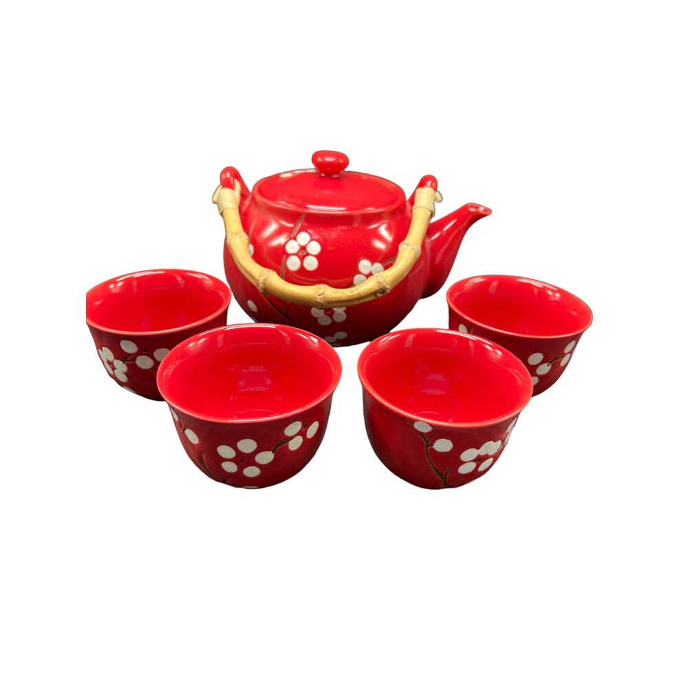 World Market Blossom Tea Set Teapot with Bamboo Handle & 4 Cups